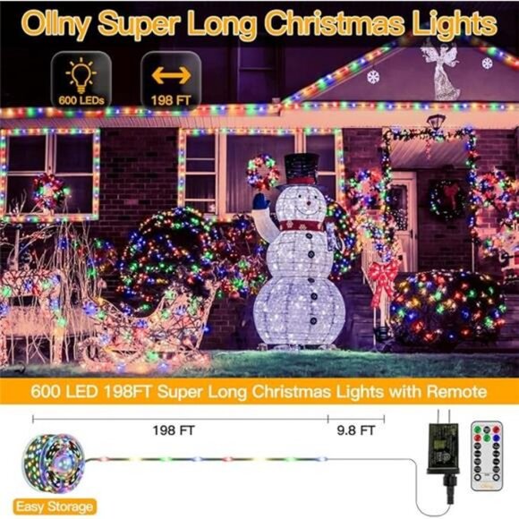 Christmas Lights 198 FT 600 LED Waterproof Plug in Christmas Lights with 8 Modes - Picture 2 of 7